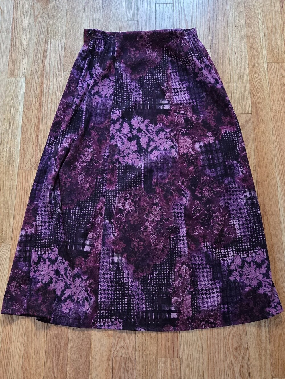 Vintage 90s Notations Patchwork Midi Skirt – Purple Floral & Plaid – Size M - Picture 5 of 8